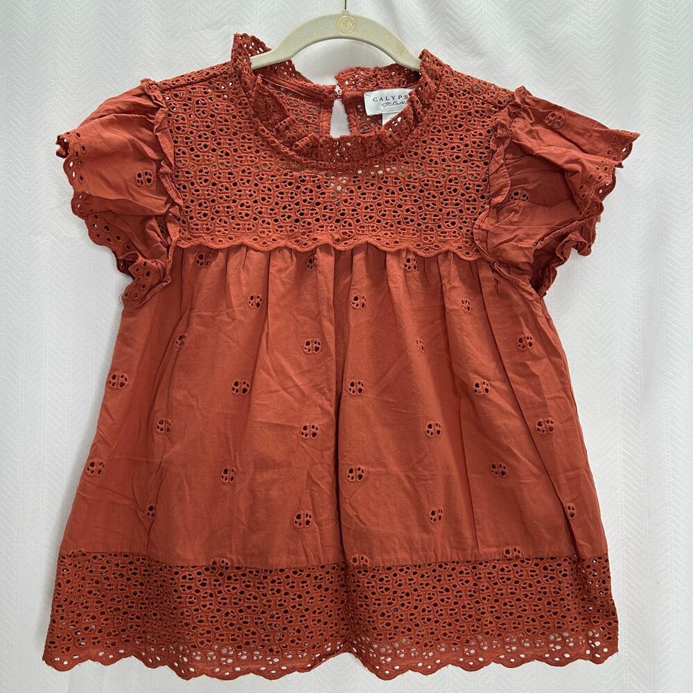 Calypso St. Barthes burnt orange eyelet blouse small short sleeve coastal beach